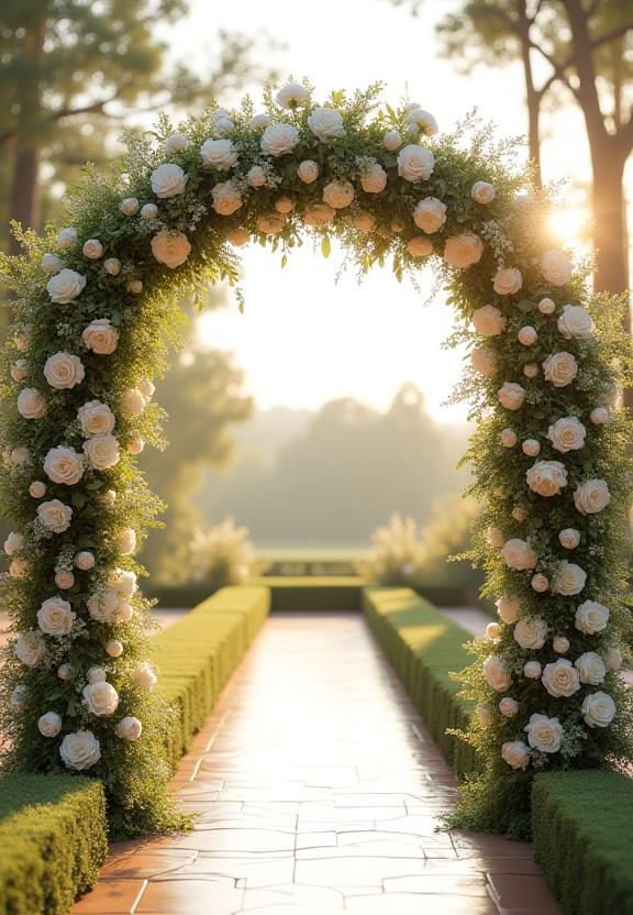 美しい花々で飾られた結婚式のアーチ。